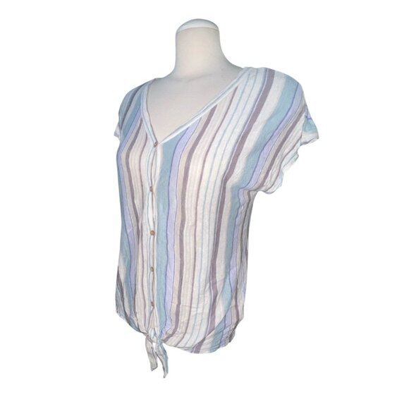 Rachel Zoe 100% Linen Striped V-Neck Button-Front Tie-Hem Top Size Medium Womens - Picture 2 of 9